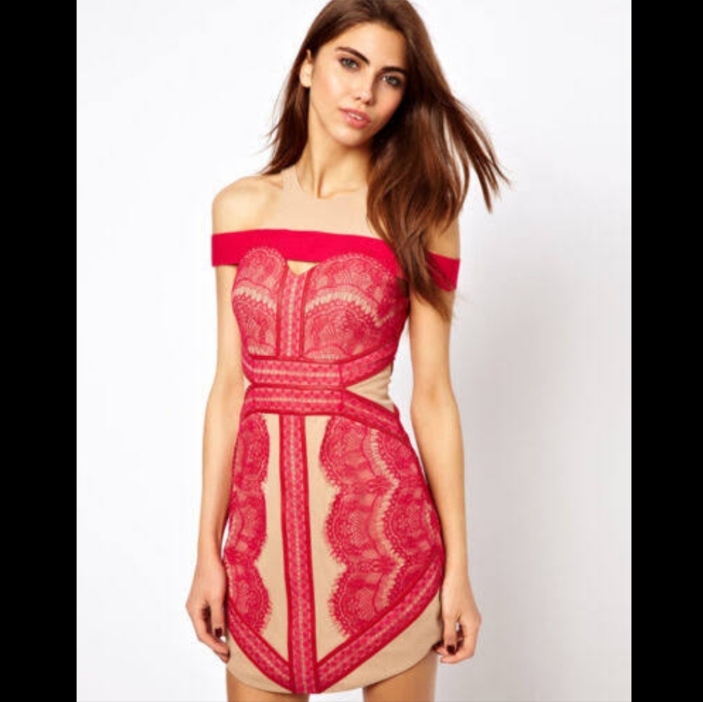 Three Floor Hot Pink Nude Scallop Lace Dress Size 0